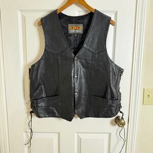 UNIK leather vest with snap button USA flag and side lace black mens 50